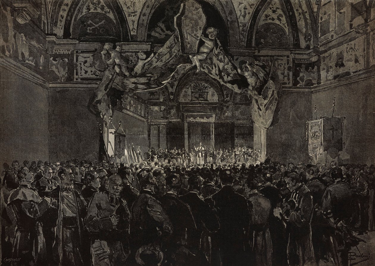 Leo XIII tar emot franska pilgrimer i Ducal Hall, Papal Jubilee, Vatikanen, gravyr från teckning av Dante Paolocci, från L