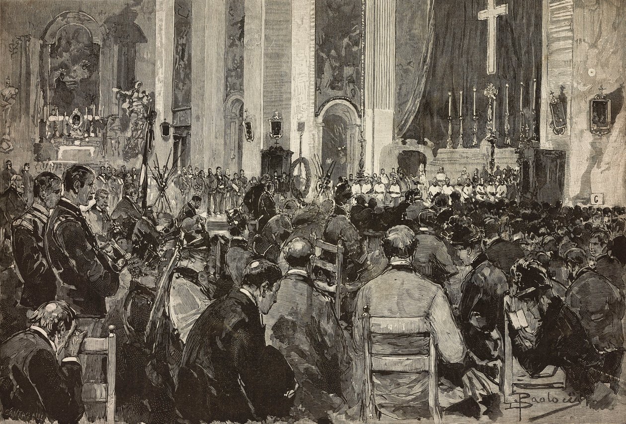 Obsequies för döda i Dogali i kyrkan Sant Andrea della Valle, Rom, gravyr från teckning av Dante Paolocci, från L