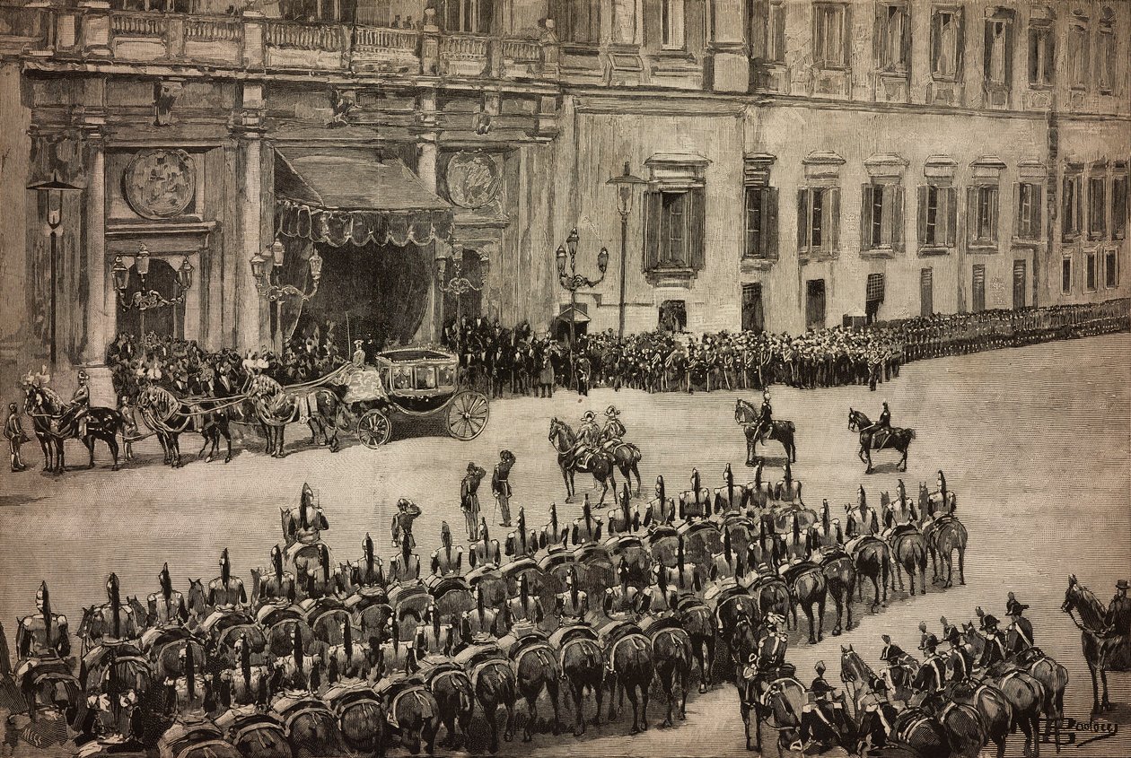 Invigning av parlamentet, ankomst av kung Umberto I till Montecitorio, Rom, Italien, gravyr från teckning av Dante Paolocci, L