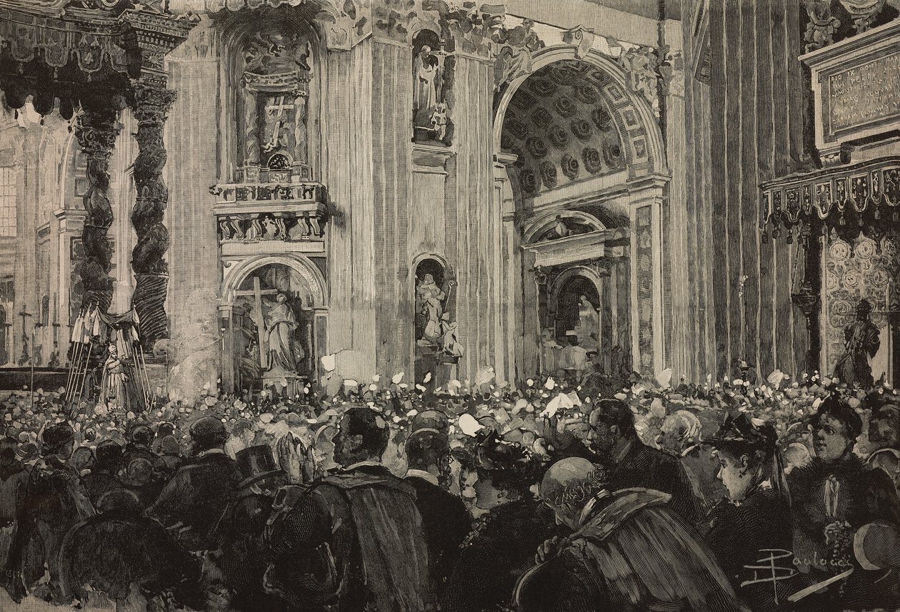 Påvlig välsignelse med anledning av Leo XIII:s biskopsjubileum, Peterskyrkan, Vatikanen, gravyr efter teckning av Dante Paolocci, från L