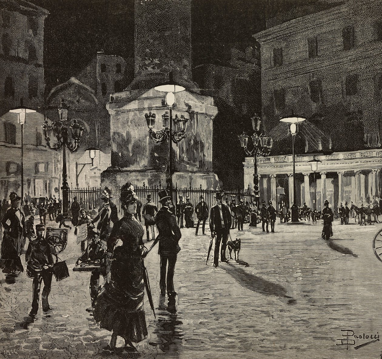 Piazza Colonna upplyst med elektriskt ljus, Rom, Italien, teckning av Dante Paolocci, gravyr från L