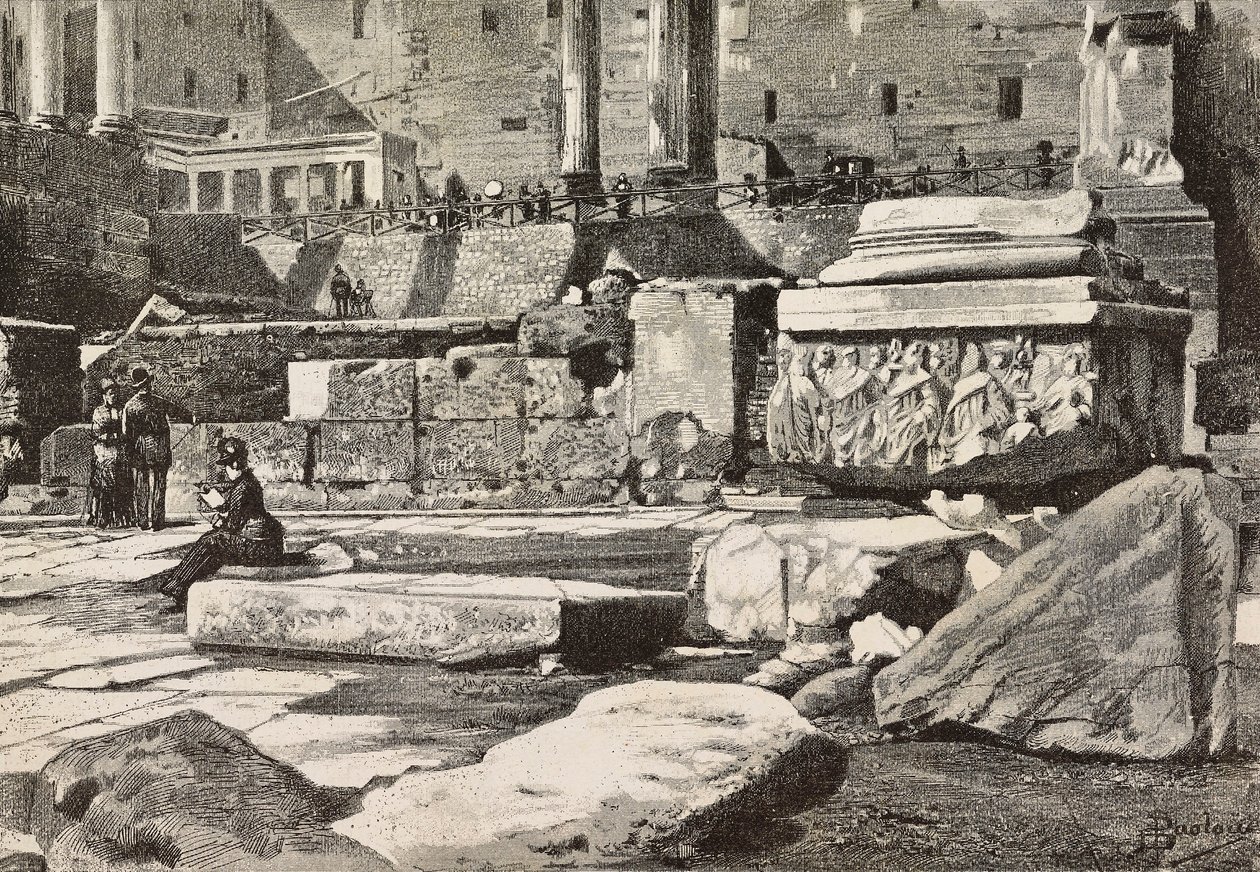 Plattformar i Forum Romanum, Rom, Italien, gravyr från teckning av Dante Paolocci, från L