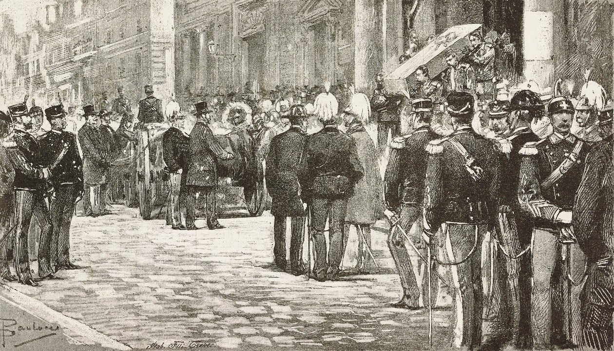 Politiker och officerare som deltar i begravningståget av Luigi Mezzacapo (1814-1885), italiensk politiker och officer, Rom, Italien, gravyr från teckning av Dante Paolocci, från L