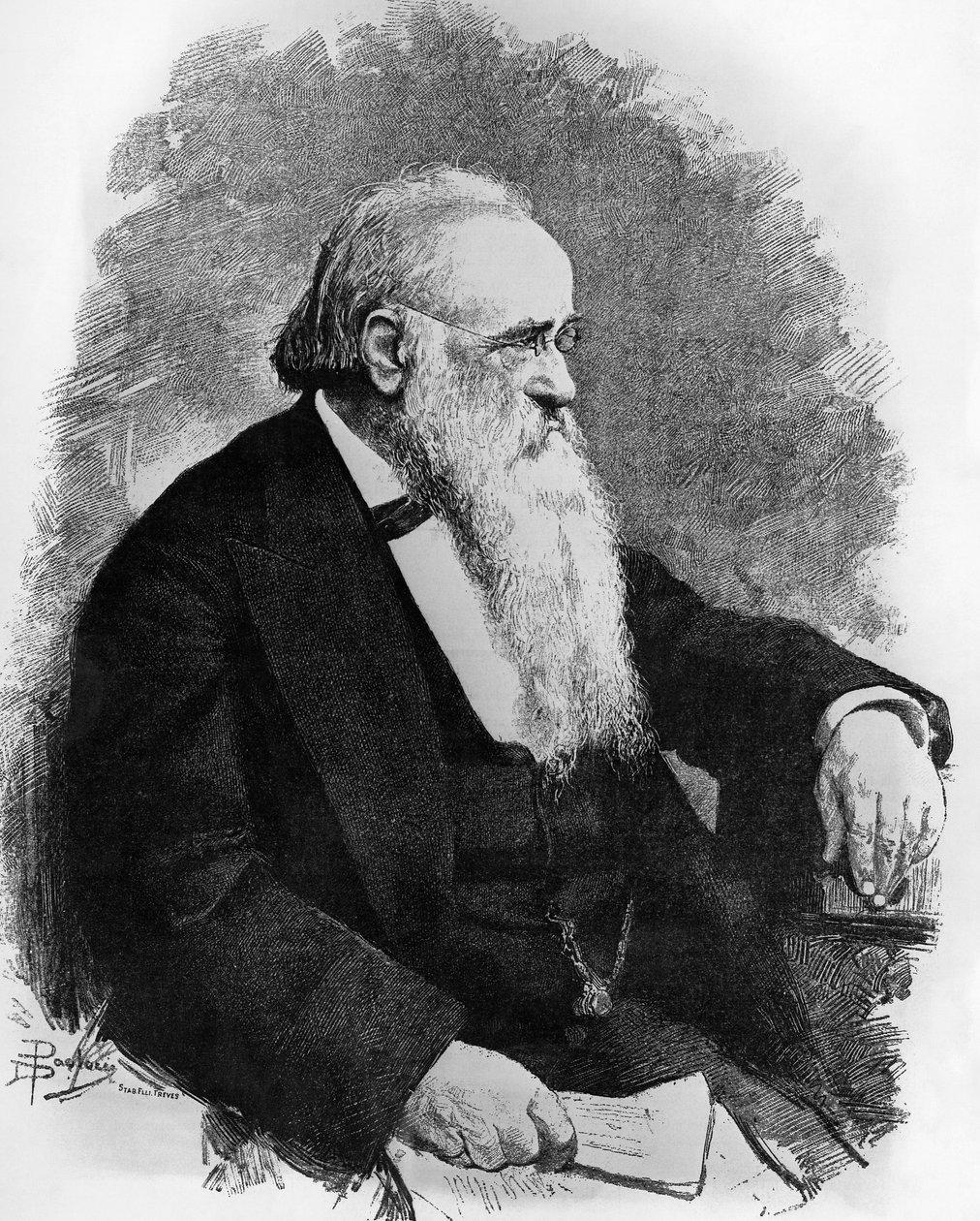 Porträtt av Agostino Depretis (1813-1887), italiensk statsman, teckning av Dante Paolocci (1856-1926), gravyr från L