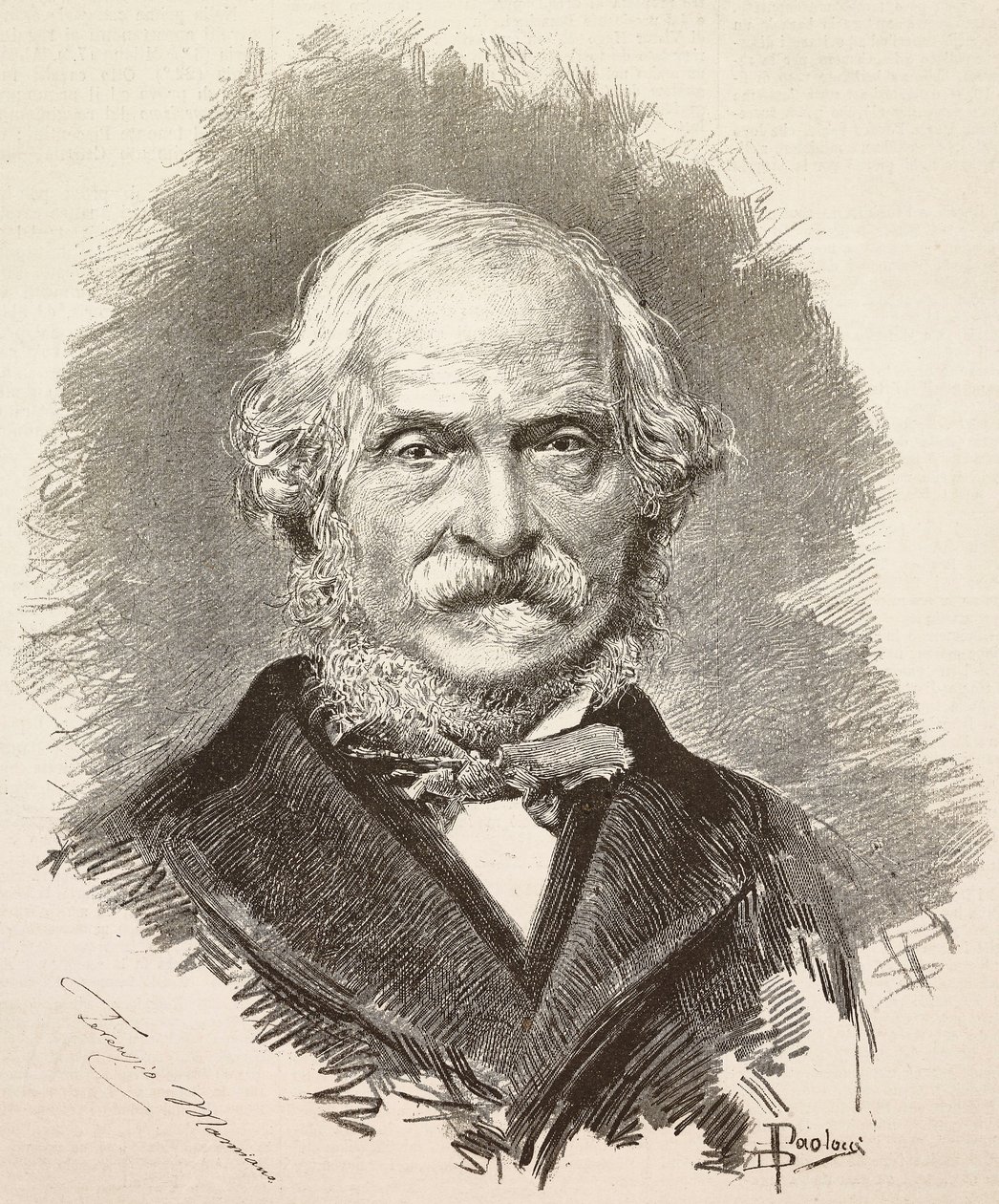 Porträtt av Terenzio Mamiani (1799-1885), italiensk politiker och författare, gravyr från en teckning av Dante Paolocci och ett fotografi av Della Valle, från L
