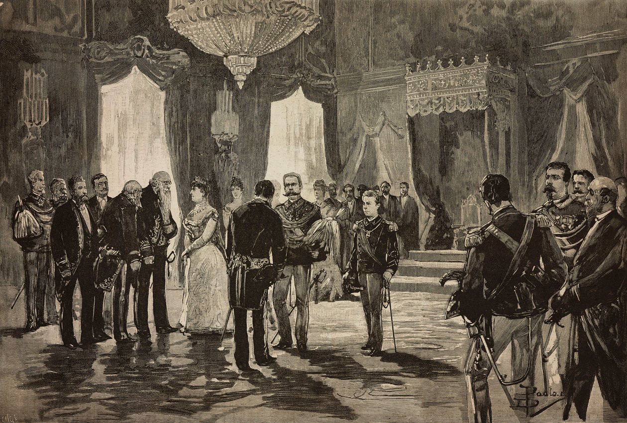 Prins av Neapel, Alfonso Maria Giuseppe Alberto av Bourbon-Two Sicilies i underlöjtnantuniform, vid nyårsmottagningen i Quirinal, Italien, gravyr från teckning av Dante Paolocci, från L