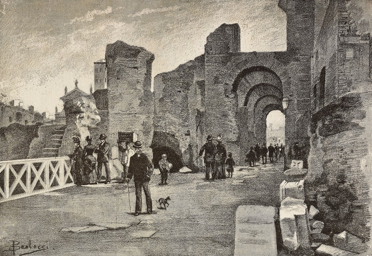 Offentlig gångväg (Summa Nova Via) i Palazzo dei Cesari, Rom, Italien, gravyr från teckning av Dante Paolocci, från L