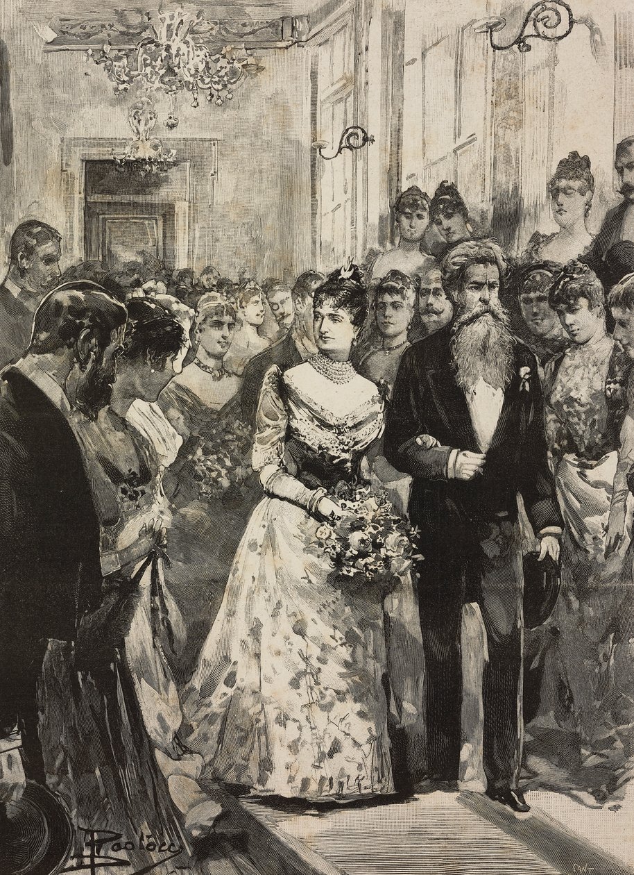 Drottning Margherita av Savojen på festen av den konstnärliga klubben (Circolo Artistico) i Rom, åtföljd av skulptören Giulio Monteverde, Italien, gravyr efter teckning av Dante Paolocci, från L