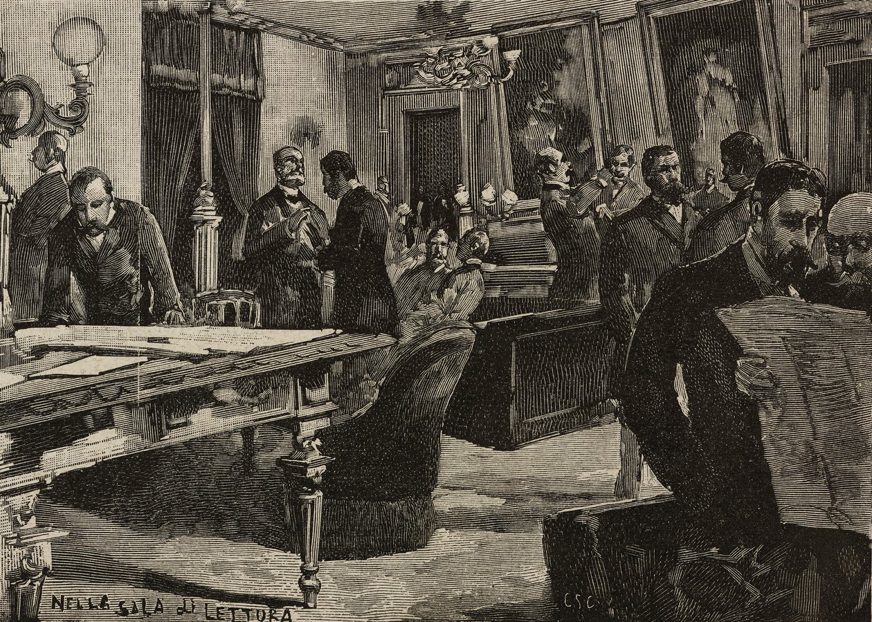 Läsrum i Palazzo Montecitorio, Rom, Italien, gravyr efter ritning av Dante Paolocci, från L