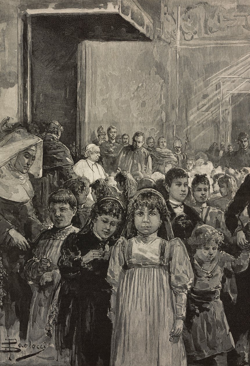 Mottagande av barn vid jubileumsfirandet av påven Leo XIII, Vatikanen, gravyr efter teckning av Dante Paolocci, från L