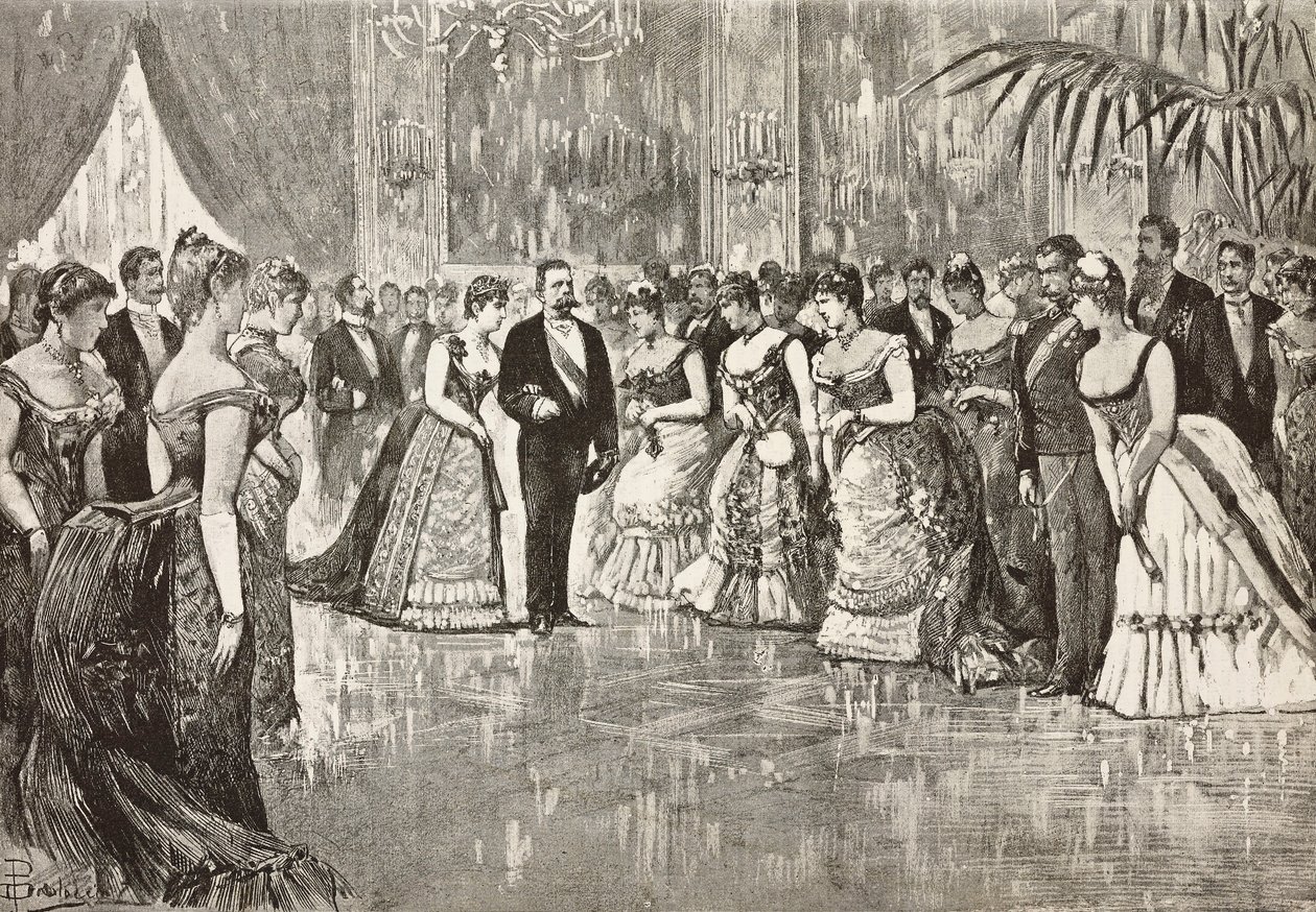 Umberto I (1844-1900), kung av Italien, och hans hustru Margherita av Savojen (1851-1926) vid bal i Quirinal Palace, Rom, Italien, gravyr från teckning av Dante Paolocci, från L