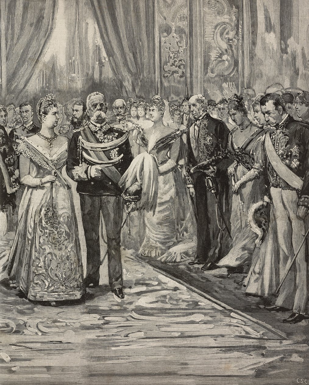 Umberto I och Margherita av Savojen vid konsert med anledning av deras silverbröllop, Palazzo del Quirinale, Rom, Italien, gravyr efter teckning av Dante Paolocci, från L