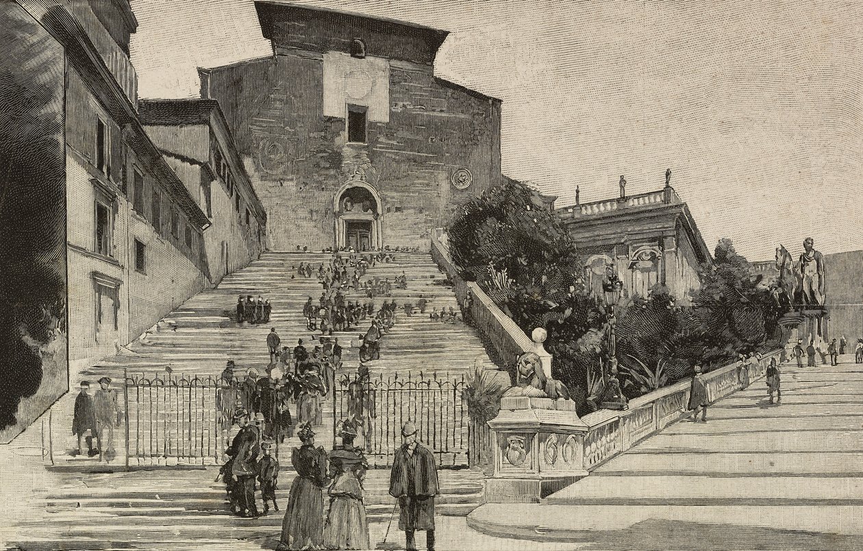 Vy över basilikan Santa Maria i Aracoeli, Rom, Italien, gravyr efter teckning av Dante Paolocci, från L