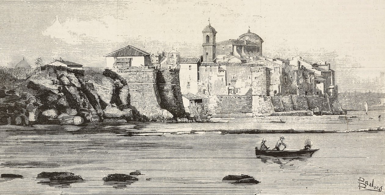 Vy över Nettuno, Italien, gravyr från teckning av Dante Paolocci, från L