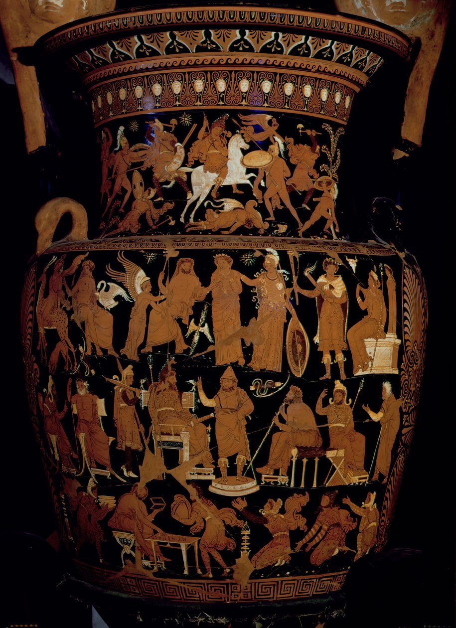 Apuliansk volutkrater med röd figur dekorerad med scener av en persisk kung och hans rådgivare som lyssnar på en budbärare, en personifiering av Grekland och Asien inför Zeus och kejsarens undersåtar före en av Darius Painter