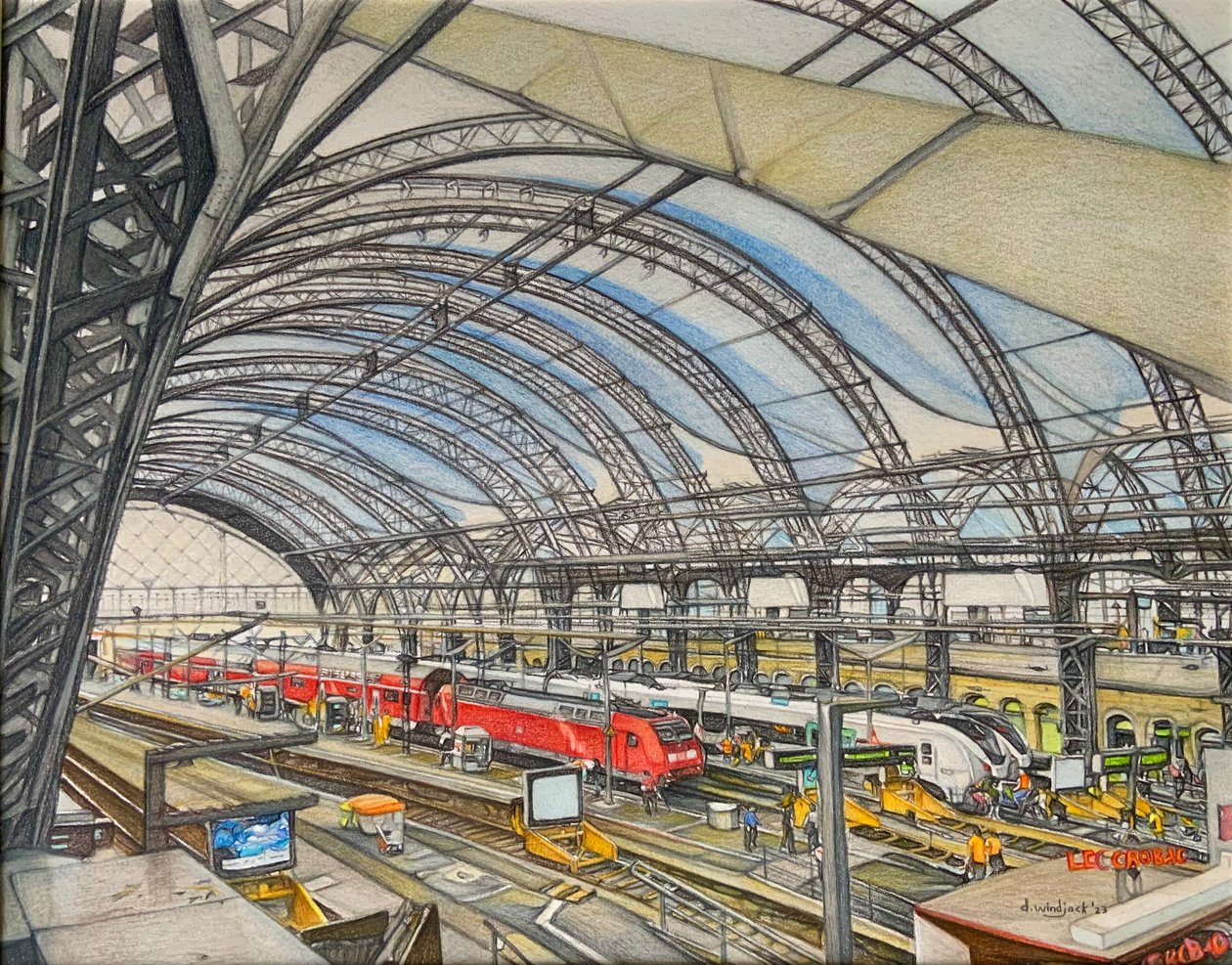 All Aboard!, 2023 (blyerts på papper) av Darrell Windjack