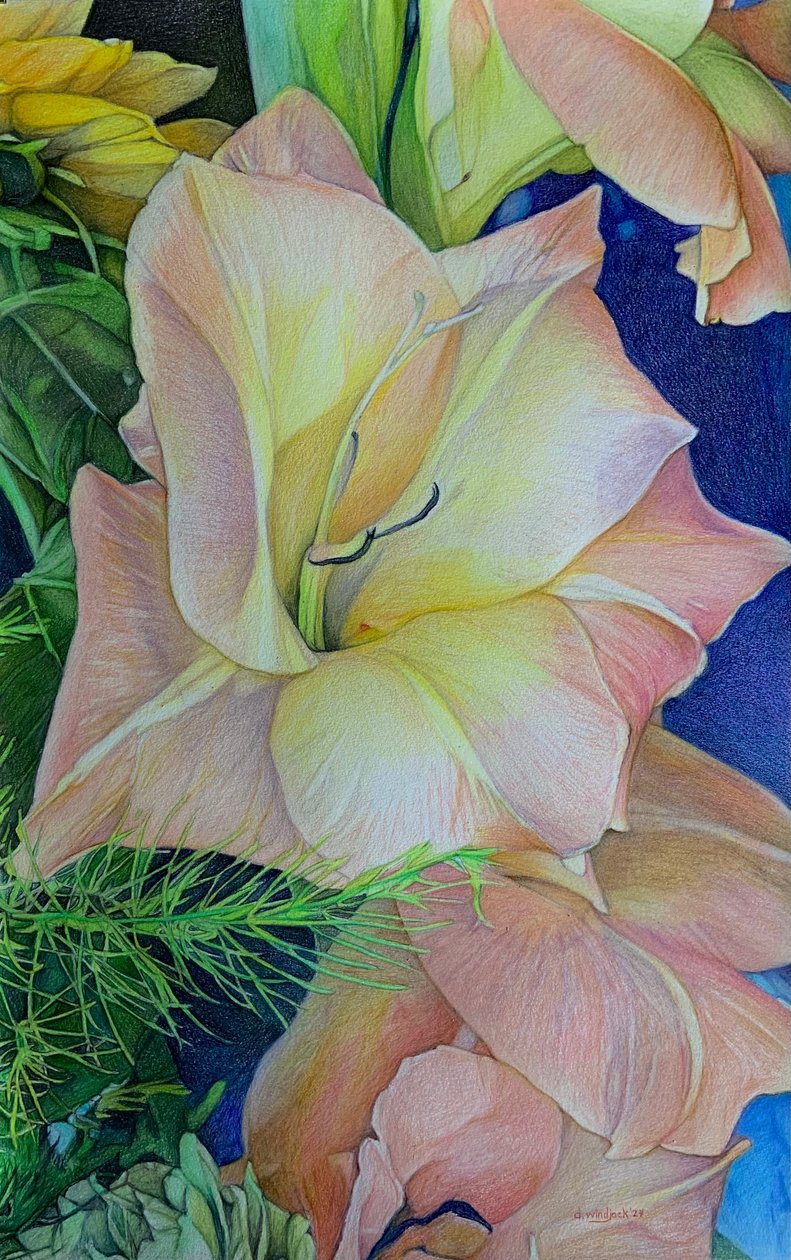 Bursting Blooms 1, 2024 (blyerts på papper) av Darrell Windjack