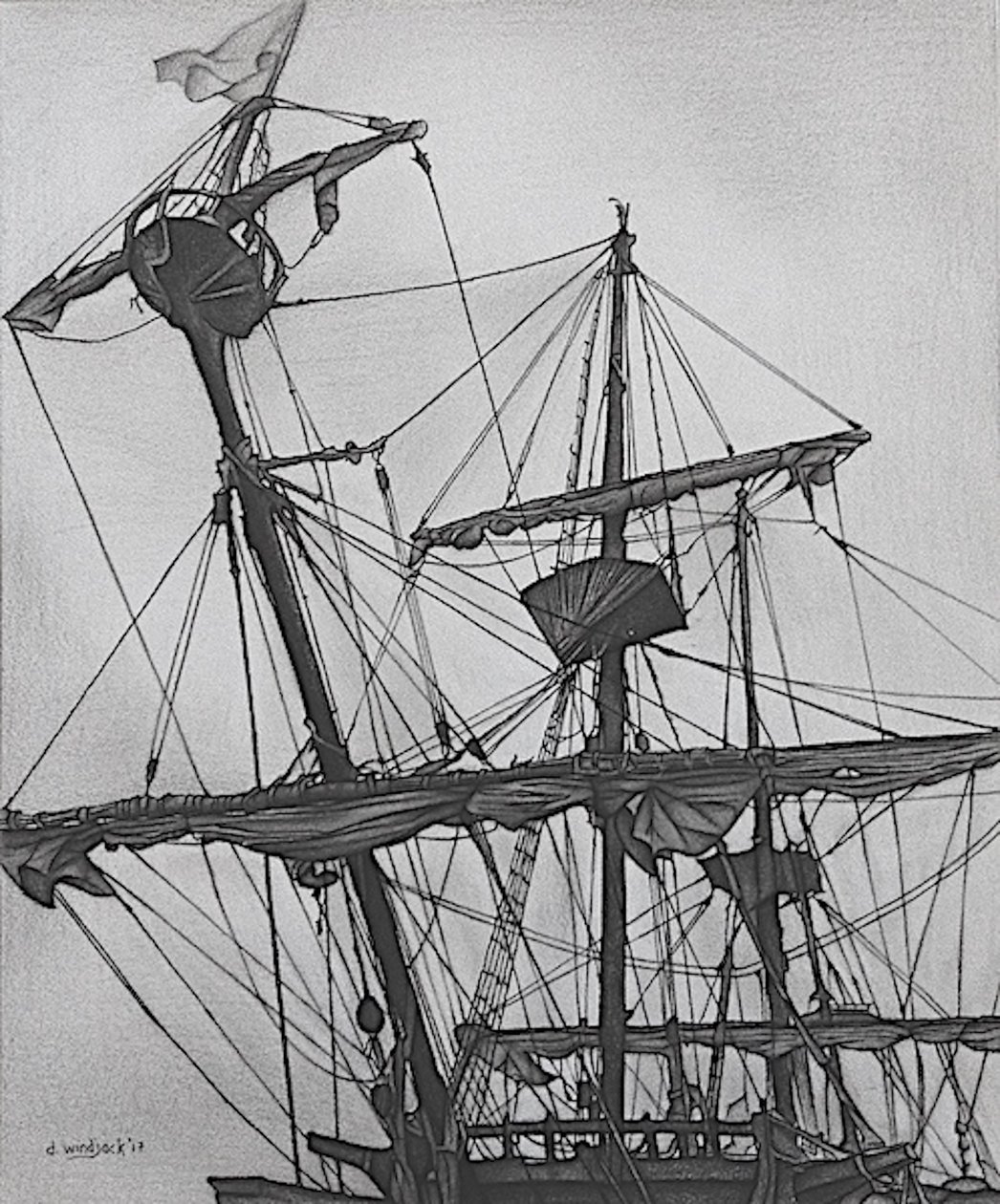 Ghostly Galleon, 2017 (blyerts, bläck på papper) av Darrell Windjack