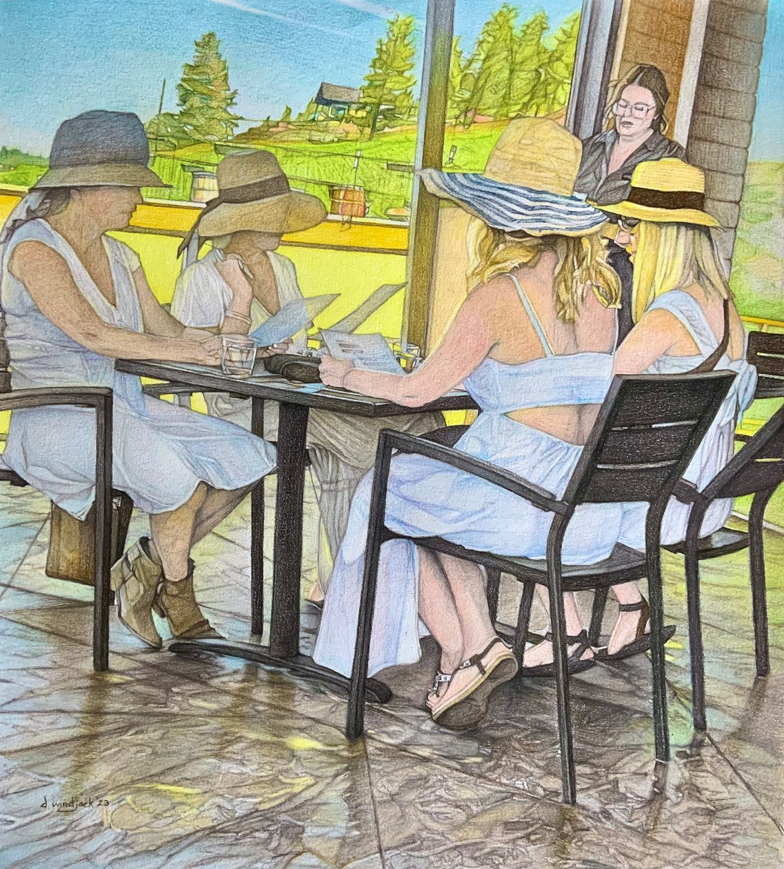 Ladies Who Lunch, 2023 (blyerts på papper) av Darrell Windjack
