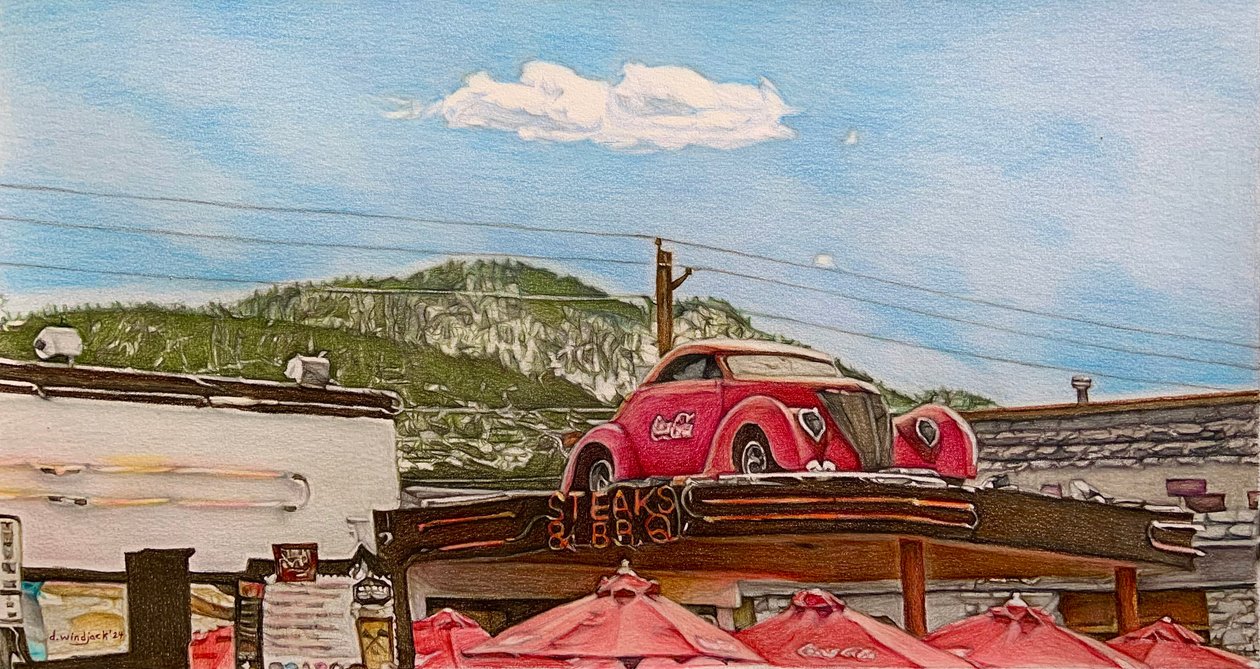 Pitstop på Route 66, 2024 (blyerts på papper) av Darrell Windjack