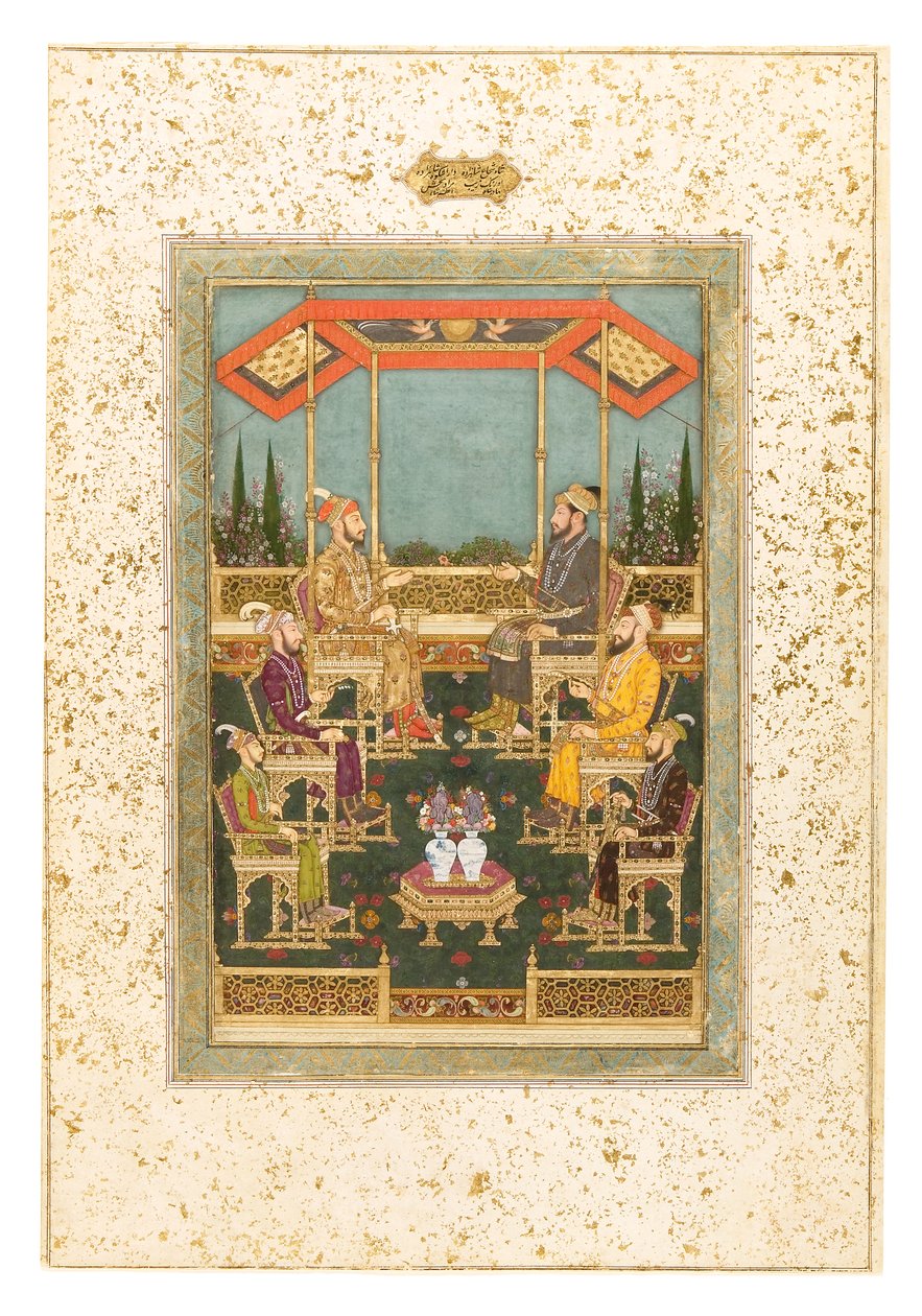 En samling prinsar, ca 1710 (täckande akvarell och guld på papper, monterad som en sida i albumet) av Das Bhawani