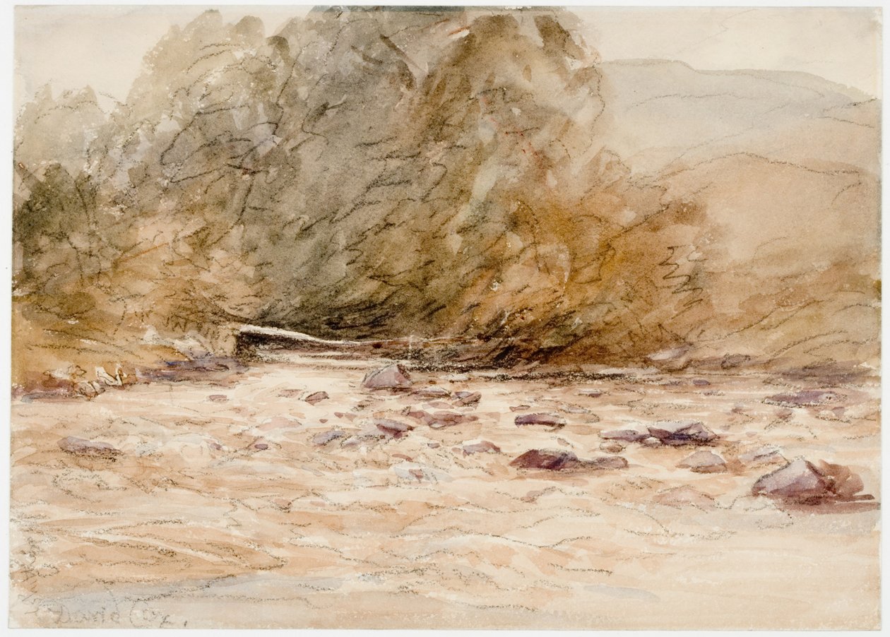 En bergig ström (kol och akvarell på papper (klistrad på papper)) av David Cox