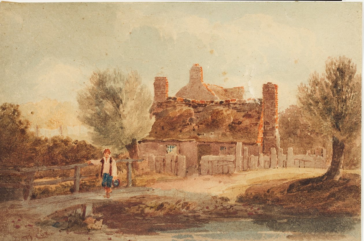 Landsscen - hus vid en damm av David Cox