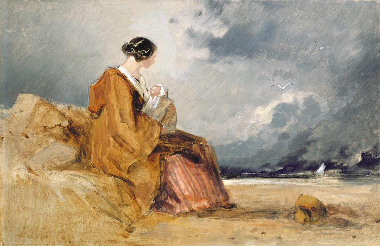 Mor och barn på en strand av David Cox