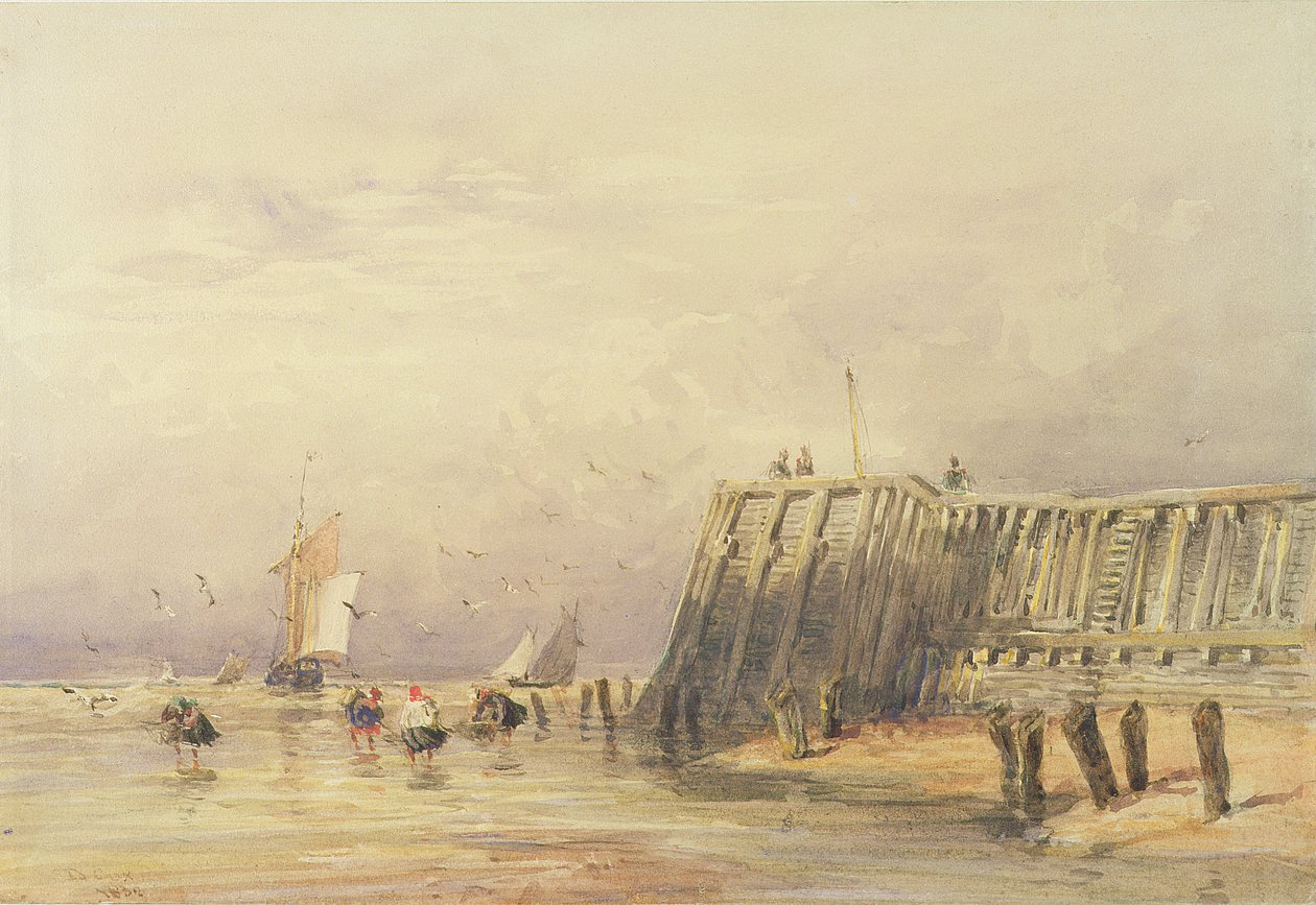 Havlandskab med sejlpramme og figurer, der vader off-shore, 1832 swed av David Cox