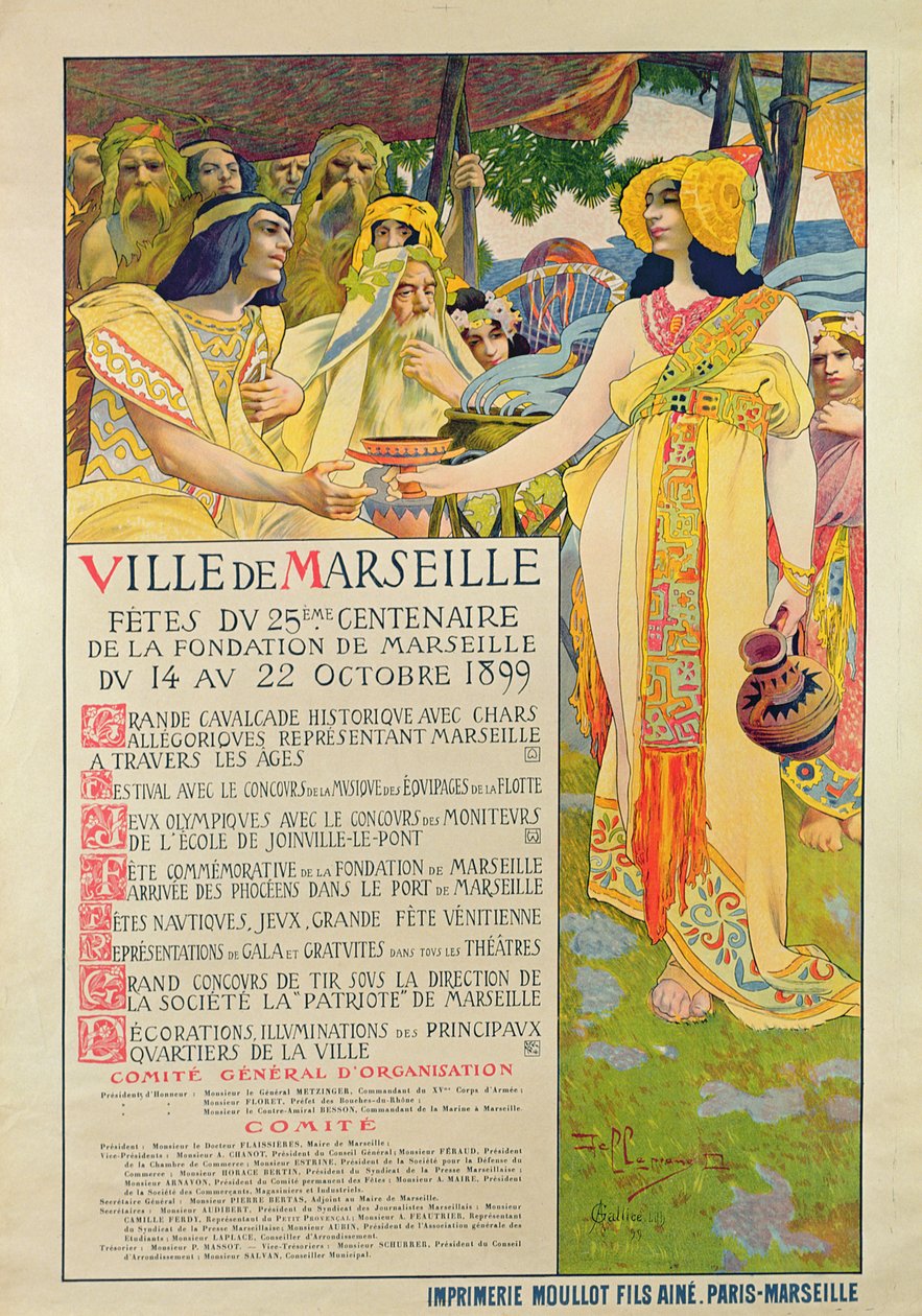 Affisch skapad för minnet av grunden av Marseille, graverad av A. Gallice, 1899 av David Dellepiane