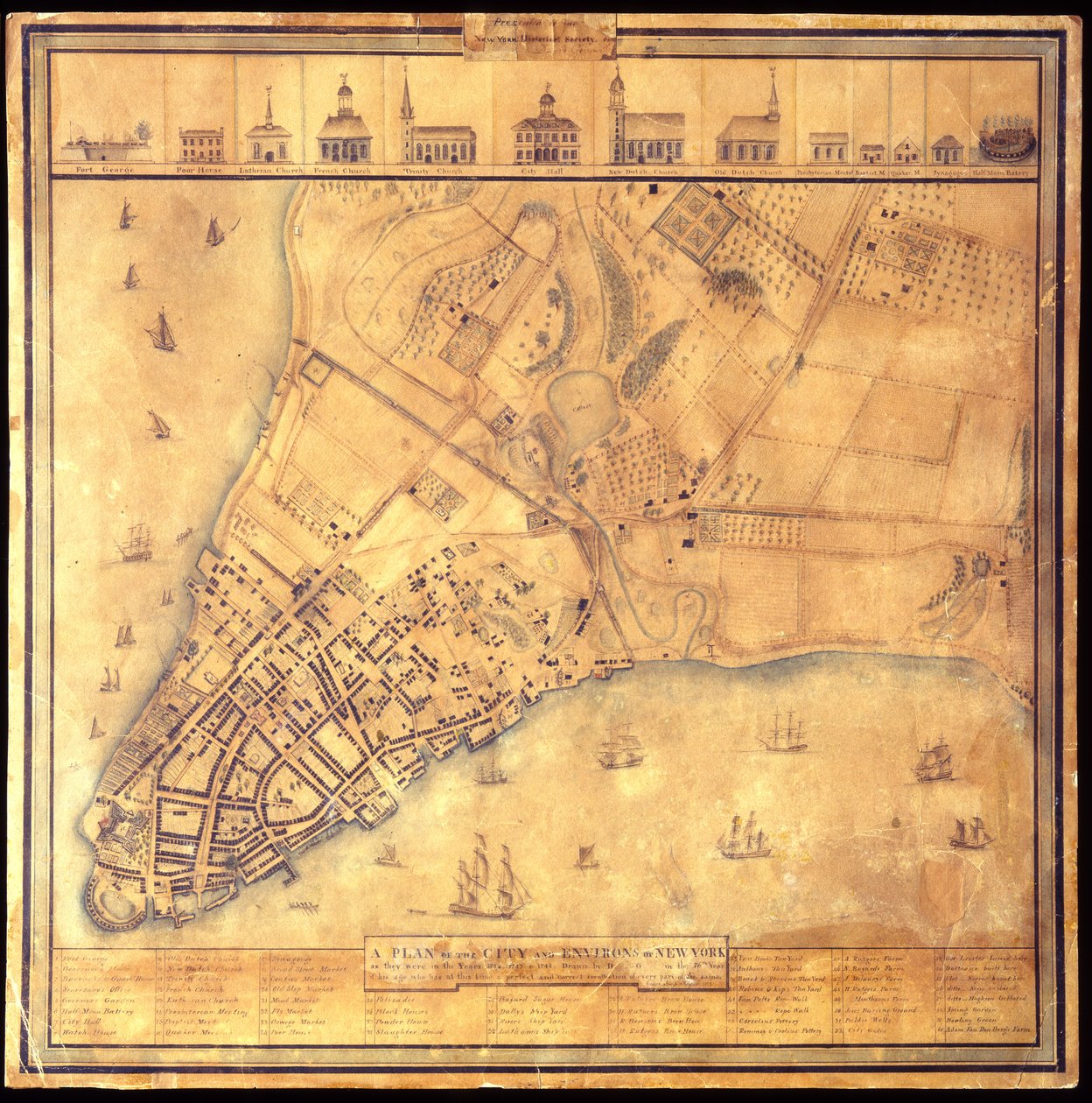 Plan över staden och omgivningarna i New York som de var 1742-1744, 1813 Penna-och-bläck svart och färg, akvarell, penna på papper. av David Grim