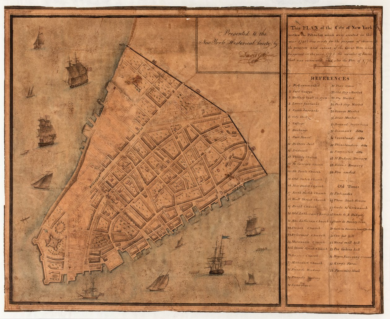Denna plan för staden New York (inom palissaderna, som uppfördes år 1745) gjordes i syfte att visa framstegen och omfattningen av den stora branden, som inträffade under året av David Grim