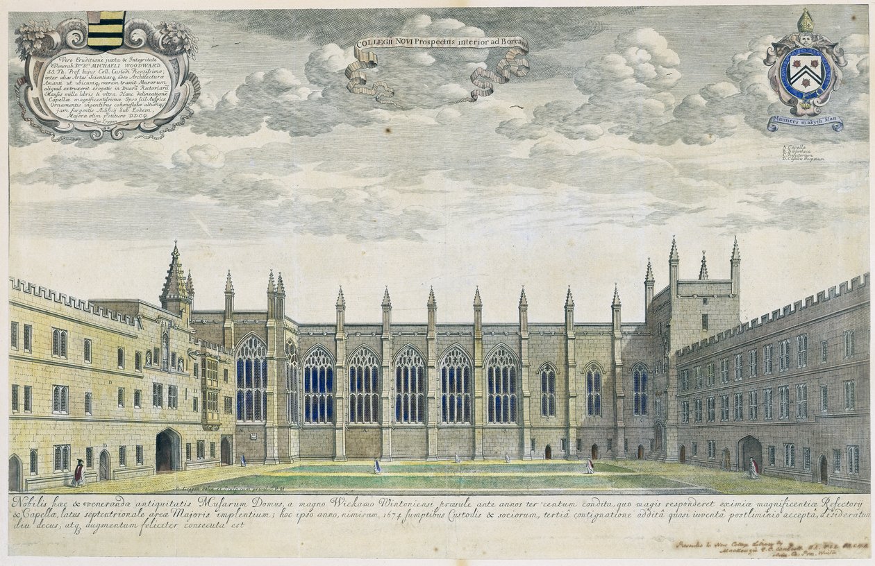 Collegium Novum: upphöjd utsikt över New College Front Quad från söder, 1675 (gravyr med senare handfärgning) av David Loggan