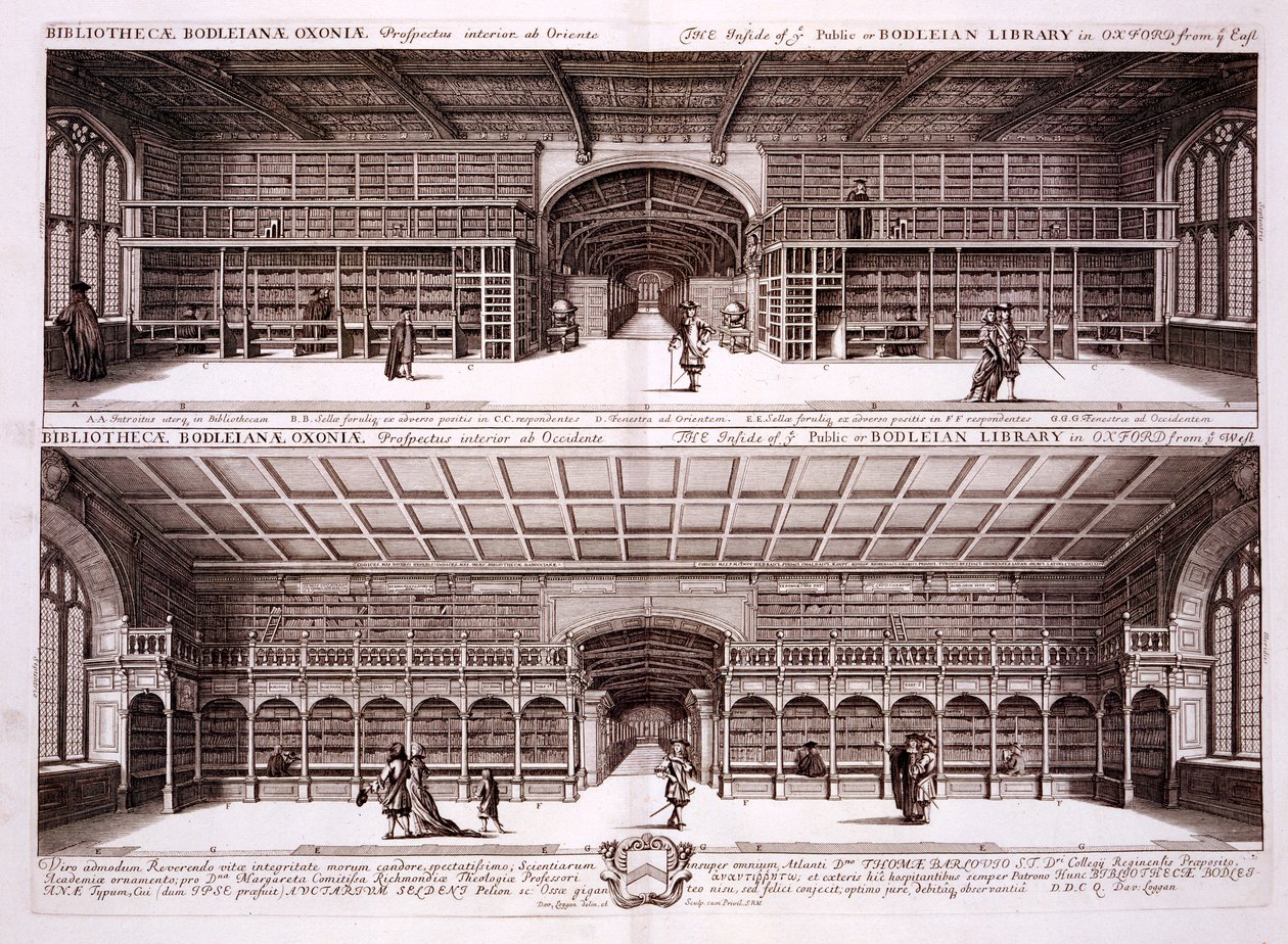 Interiör av Bodleian Library, Oxford, från Oxonia Illustrata, 1675 av David Loggan