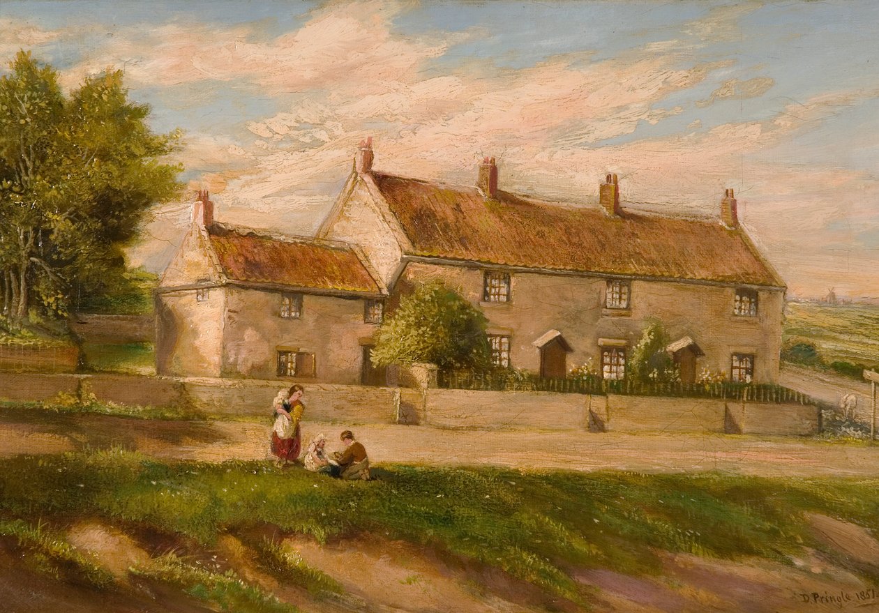 Lantlig scen med rad stugor, 1851 av David Pringle