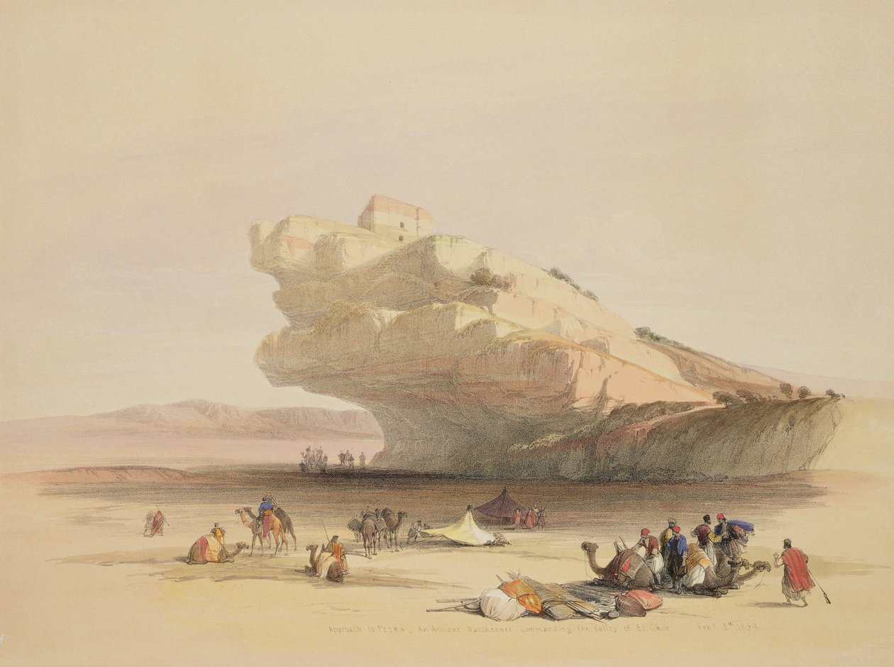 Approach to Petra, ett forntida vakttorn som befaller El Ghor-dalen, den 5 februari 1839, skylt 93 från volym III av "The Holy Land", graverad av Louis Haghe (1806-85) pub. 1849 av David Roberts