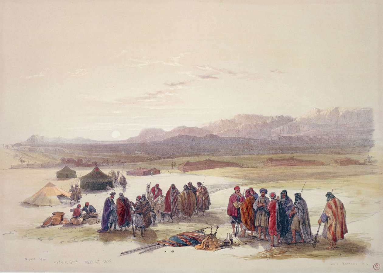 Alloeens läger i Wady Araba (handfärgad litho) av David Roberts