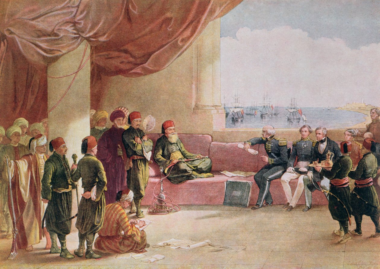 Mohamed Ali tar emot sändebud från Storbritannien i sitt palats i Alexandria den 12 maj 1839, 1849 av David Roberts
