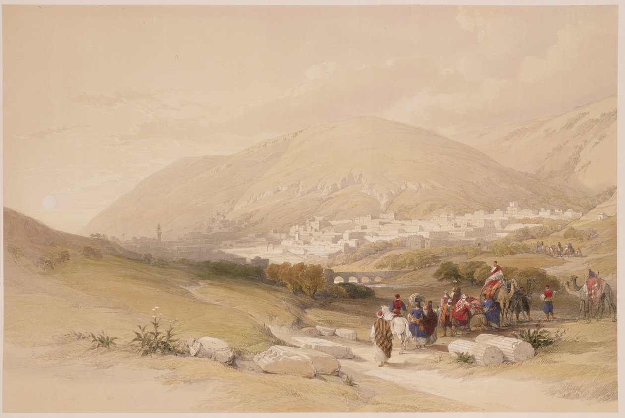 Nablous, forntida Shechem, 17 april 1839, skylt 42 från volym I av "Det heliga landet", graverad av puben Louis Haghe (1806-85). 1842 av David Roberts