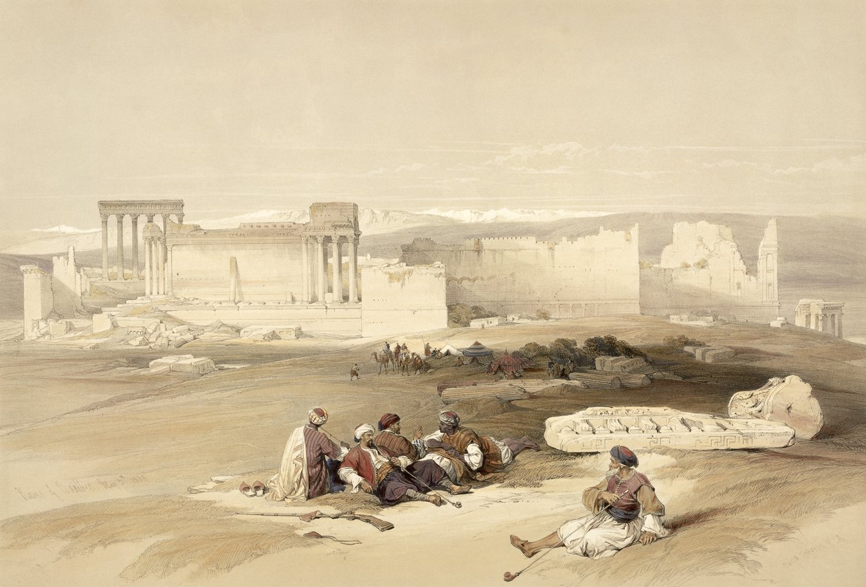 Ruins of Baalbec, 5 maj 1839, skylt 77 från volym II av "The Holy Land", graverad av Louis Haghe (1806-85) pub. 1843 av David Roberts