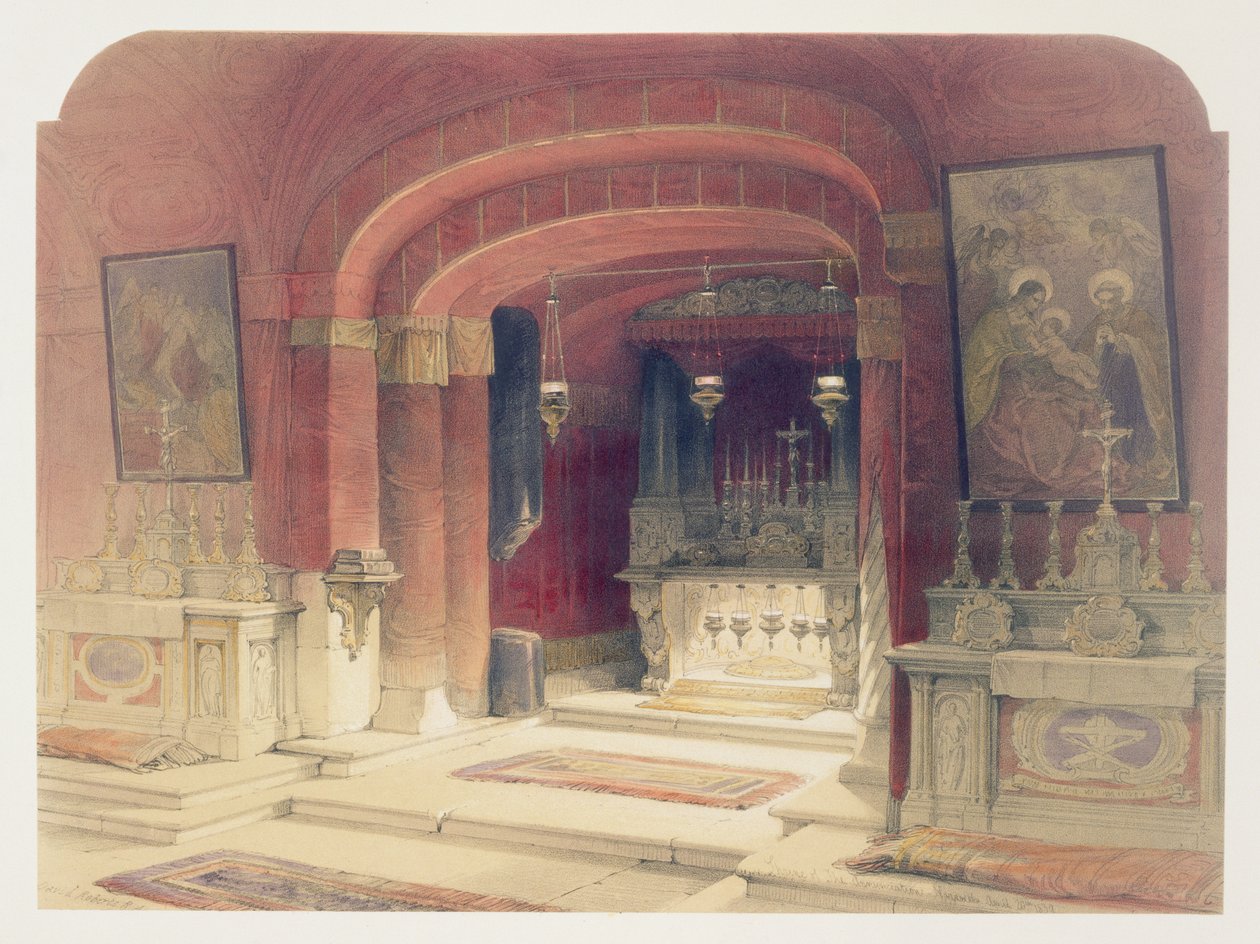 Annunciationshelgedomen i Nasaret den 20 april 1839, tavla 31 från volym I av "The Holy Land", graverad av Louis Haghe (1806-85), pub. 1842 av David Roberts