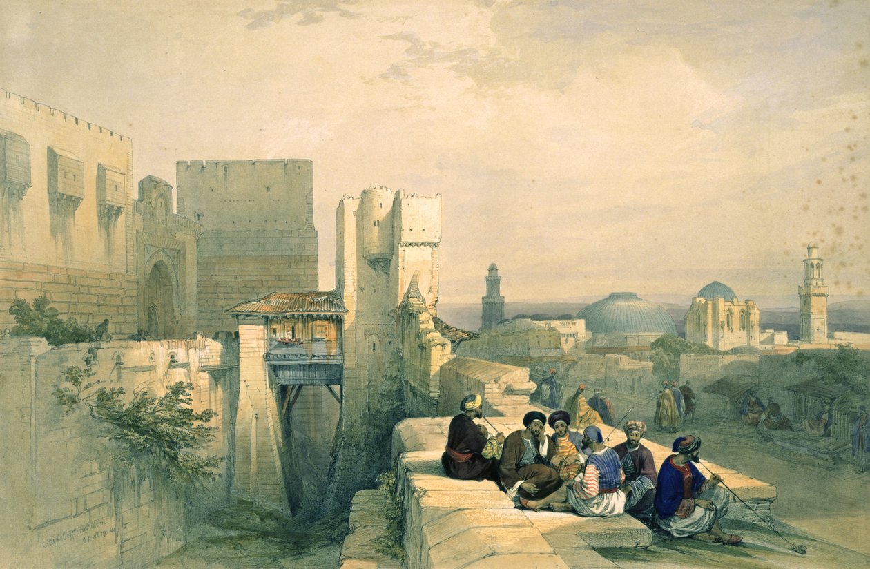 Jerusalems citadell, 19 april 1841, skylt 24 från volym I av "Det heliga landet", graverad av puben Louis Haghe (1806-85). 1842 av David Roberts