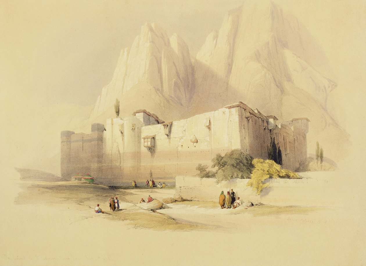 Katarinakonventet på Sinai, 21 februari 1839, platta 109 från volym III av "The Holy Land", graverad av Louis Haghe (1806-85), publicerad i Stockholm den 21 februari 1839. 1849 av David Roberts