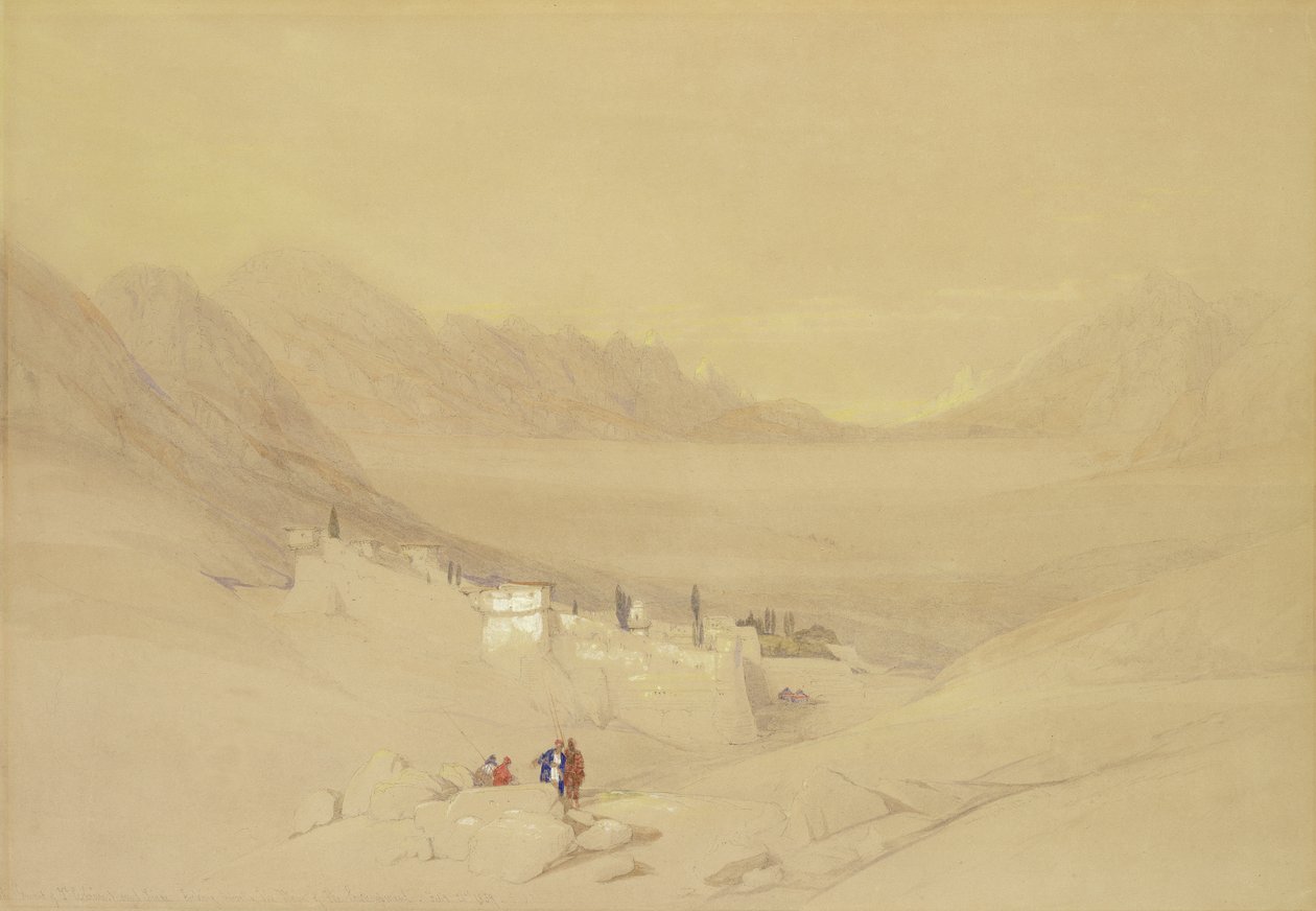 Klostret St. Catherine, berget Sinai, med utsikt mot lägrets slätt, 1839 (wc över grafit på papper) av David Roberts