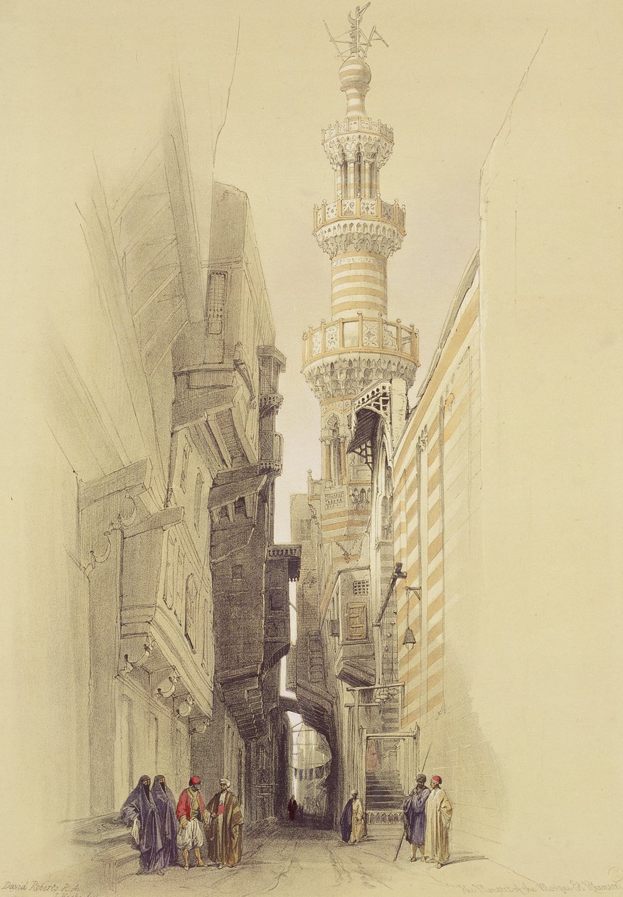 Minareten i moskén i El Rhamree, Kairo, från Egypten och Nubia, Vol.3 av David Roberts