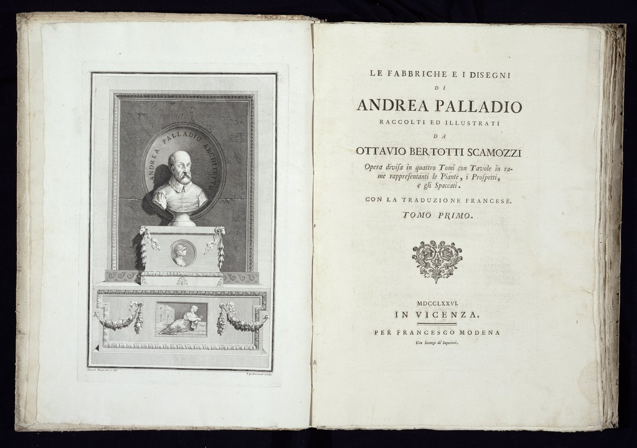 Titelsidan för Andrea Palladios fabriker och teckningar med ett porträtt av arkitekten, graverad av Simon Francis Ravenet (1737-1821) publicerad 1776 av David Rossi