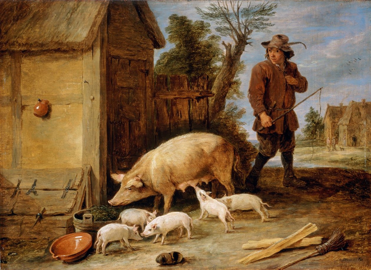 En sugga och hennes kull av David Teniers the Younger