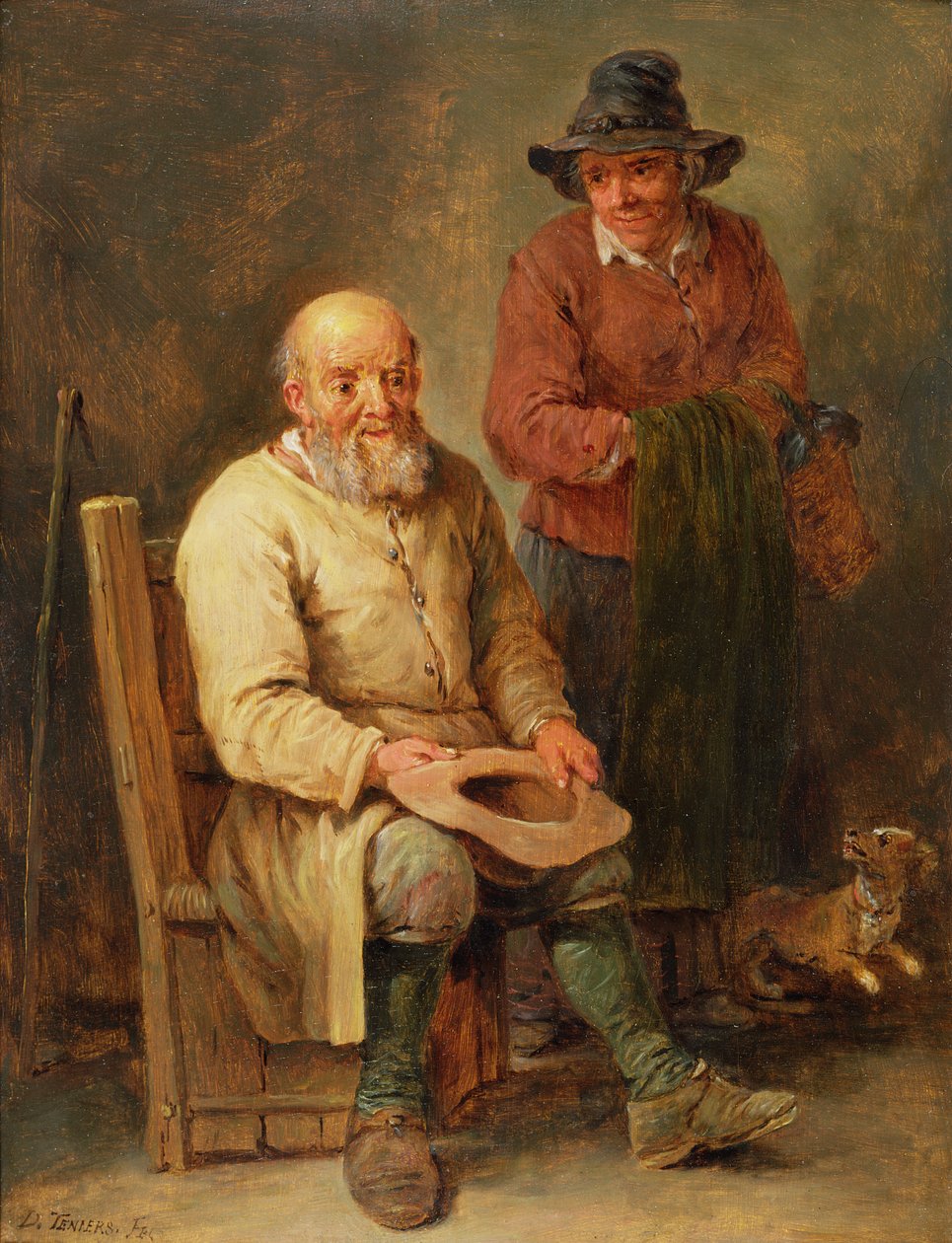 En man sittande med en kvinna vid sin sida och en hund vid deras fötter, 1600-talet av David Teniers the Younger