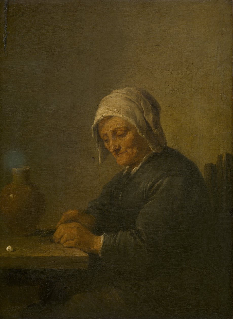 Gammal kvinna som skär tobak av David Teniers the Younger