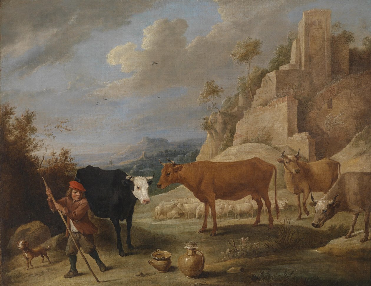 Ein Hirt mit seiner Herde in einer Landschaft mit Ruinen av David Teniers the Younger
